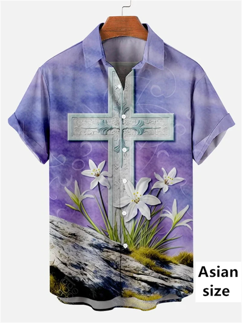 Пасхальные летние рубашки с крестом Иисуса для мужчин коротким рукавом 3D Pritn Flower