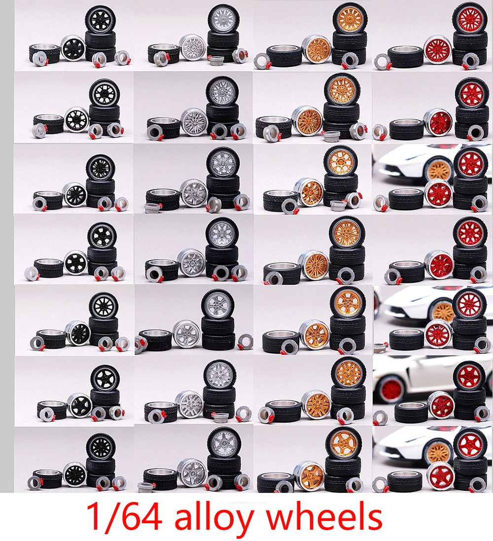 

4PCS 1/64 Alloy Modified Wheels with Brake and Tires for 1:64 Tomica TE37/TLV Modified Parts 11.5mm Size Rubber Tires+28mm Axle