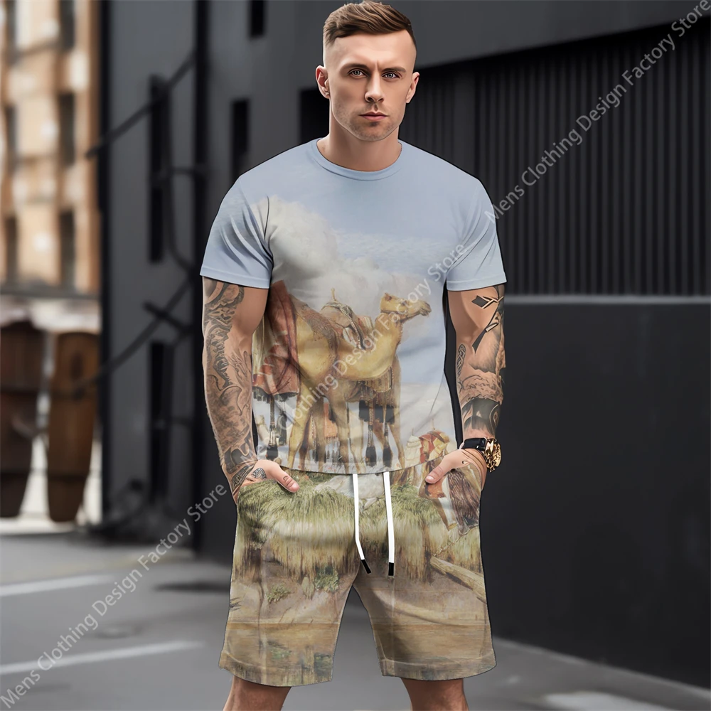 2023 Summer Tracksuit Men T-shirt+Shorts Fashion Men's Sweat-Shirt Set Men's Clothing 3D Abstract Animals Print Clothes For Men