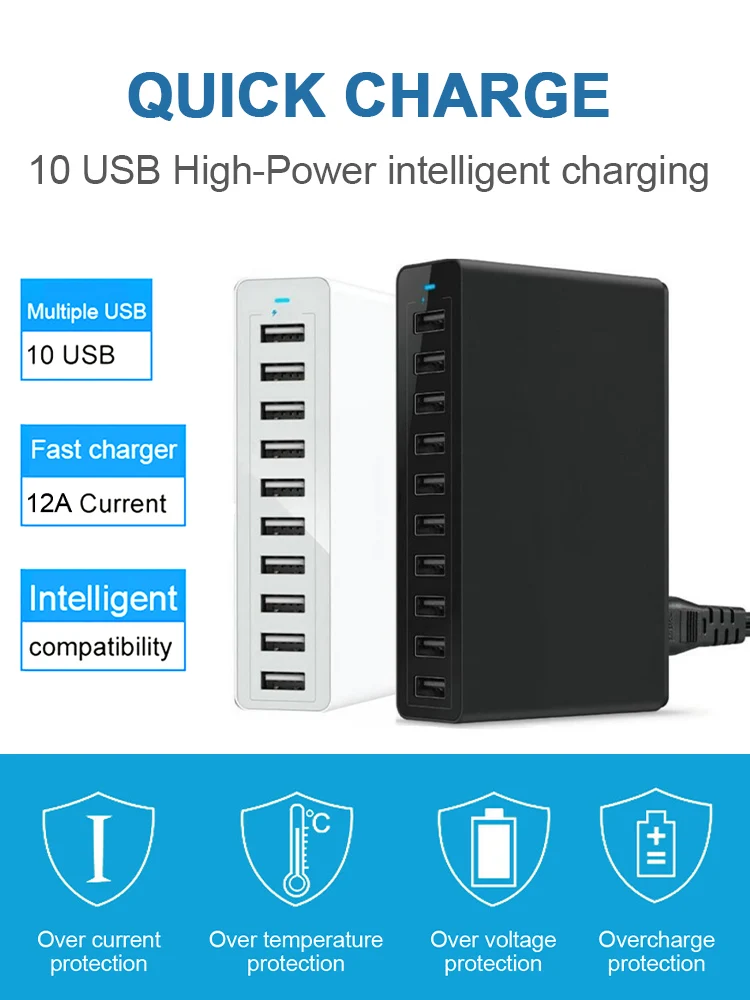 

Быстрое зарядное устройство с 10 USB-портами, 60 Вт, USB-зарядная станция, док-станция для iPhone, Samsung, планшетов, дорожное зарядное устройство с неск...