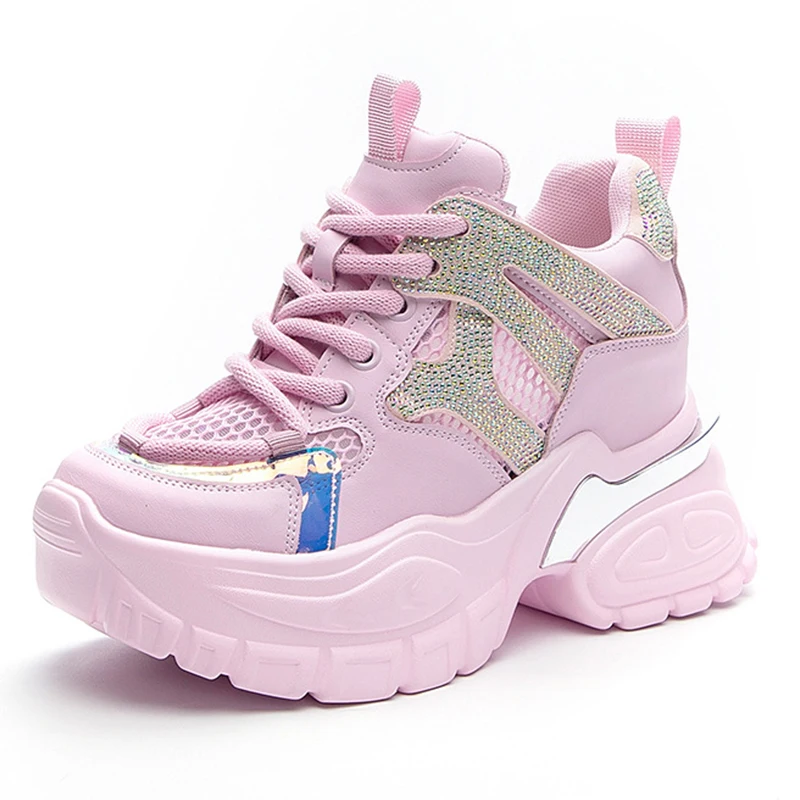 10.5cm Air Mesh Hollow Female Platform 2023 Wedge Chunky Sneakers Genuine Leather Comfy Rhinestone Fashion Summer Women Shoes
