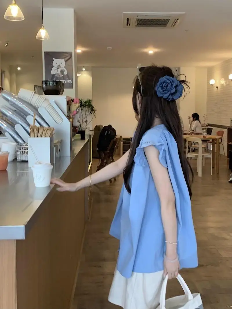 Милые женские рубашки с летающими рукавами свободные повседневные корейские