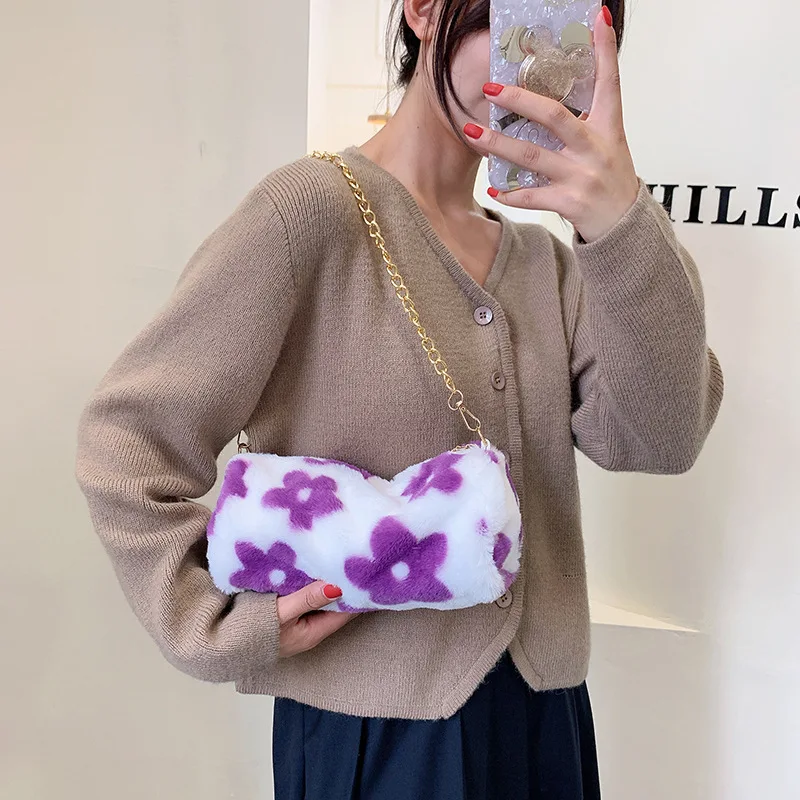 

Fashion Women Mini Shoulder Bags Female Winter Soft Plush Underarm Bag Flower Pattern Fluffy Chain Strap Tote Bags Small Purses