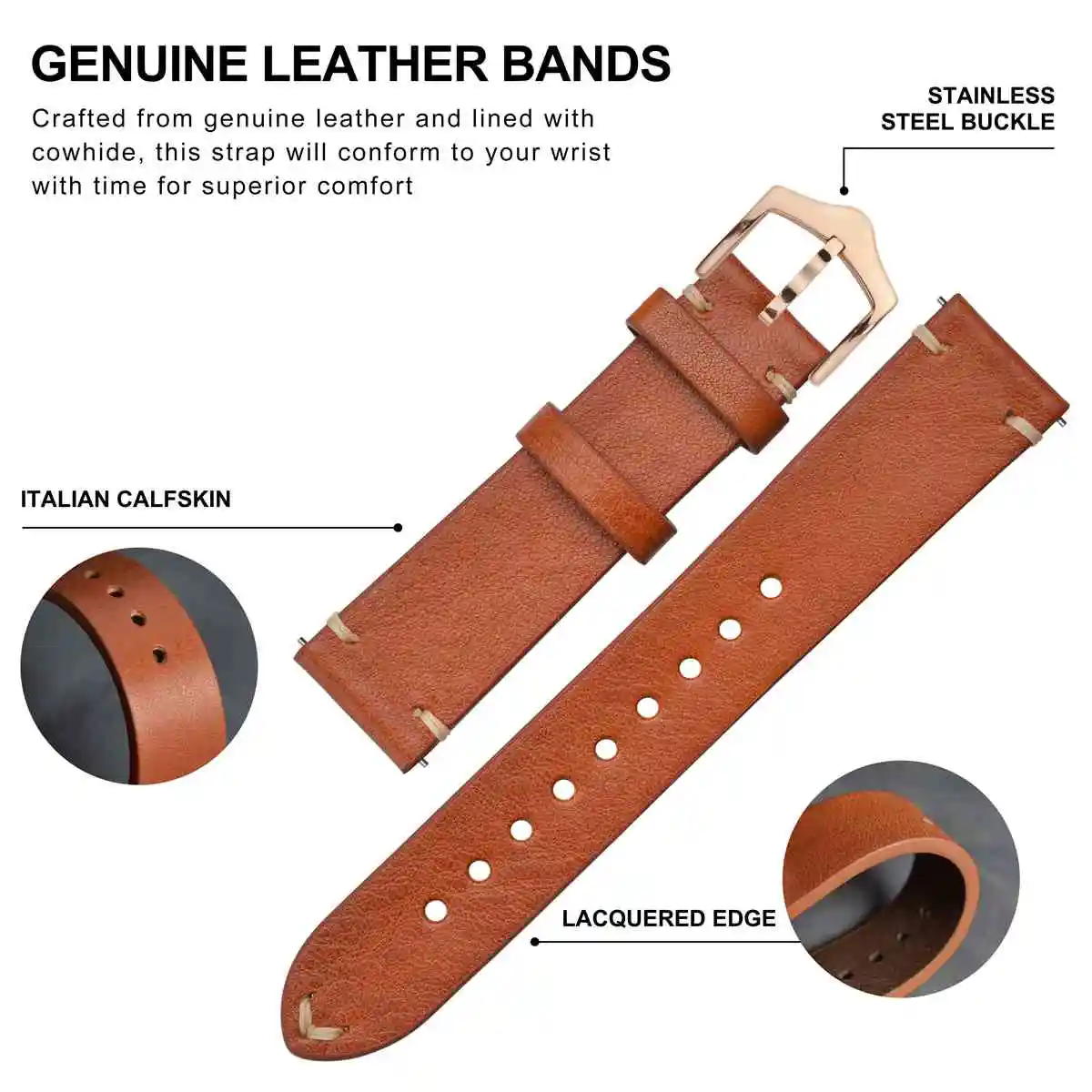 BISONSTRAP 5 colour Genuine Leather Watch Strap for Huawei Samsung Galaxy Gear 18mm 20mm 22mm Watchbands with Rose Gold Buckle