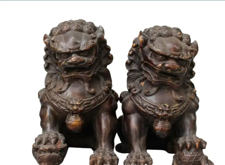 

8" Antique Fengshui Bronze Guardian Fu Foo Dogs Lion Door Leo Statue Lions Pair