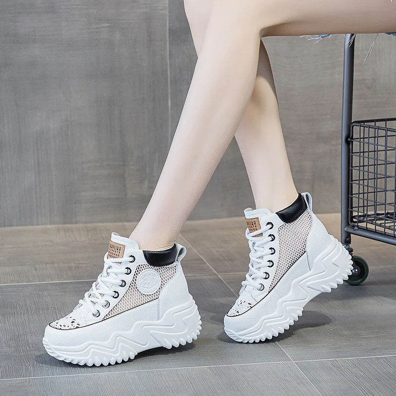 7CM Air Mesh Genuine Leather Comfy High Brand Breathable Shoes Chunky Sneaker Spring Summer Platform Women Wedge Women Shoes