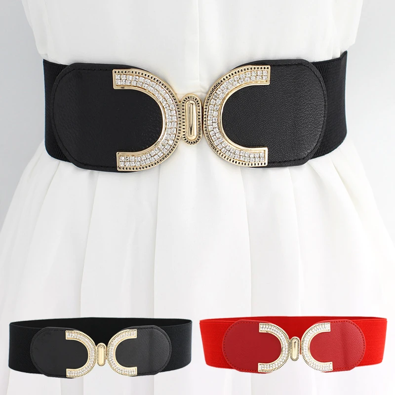 

Женские Стразы, инкрустированные эластичной талией, уплотнительная Пряжка, эластичный широкий пояс, ремень, женский пояс