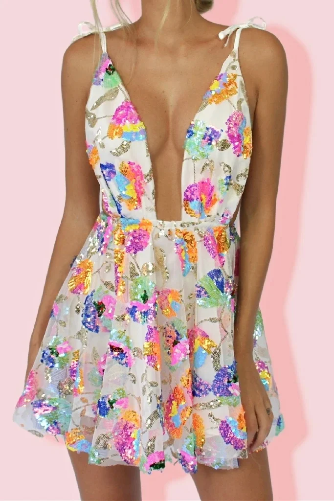 

Hot dress,Elegant Chic Suspender Sequined Backless Mini Dress Summer Party Women's Tied Up Straps Deep V-Neck Flare A-line Dress