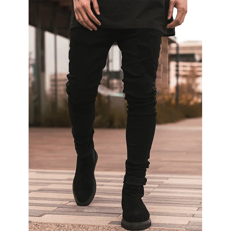 Skinny Jeans Men Fashion Black Side Stripe Denim Trousers Designer Clothes Men High Street Slim Fit Streetwear Pants