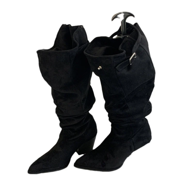 Замшевые высокие женские сапоги на массивном каблуке дизайнерская обувь с