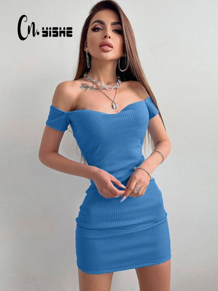 

CNYISHE Ribbed Knitted Off Shoulder Bodycon Mini Prom Dress for Women Sexy Slash Neck Elegant Dresses Female Party Robes Autumn