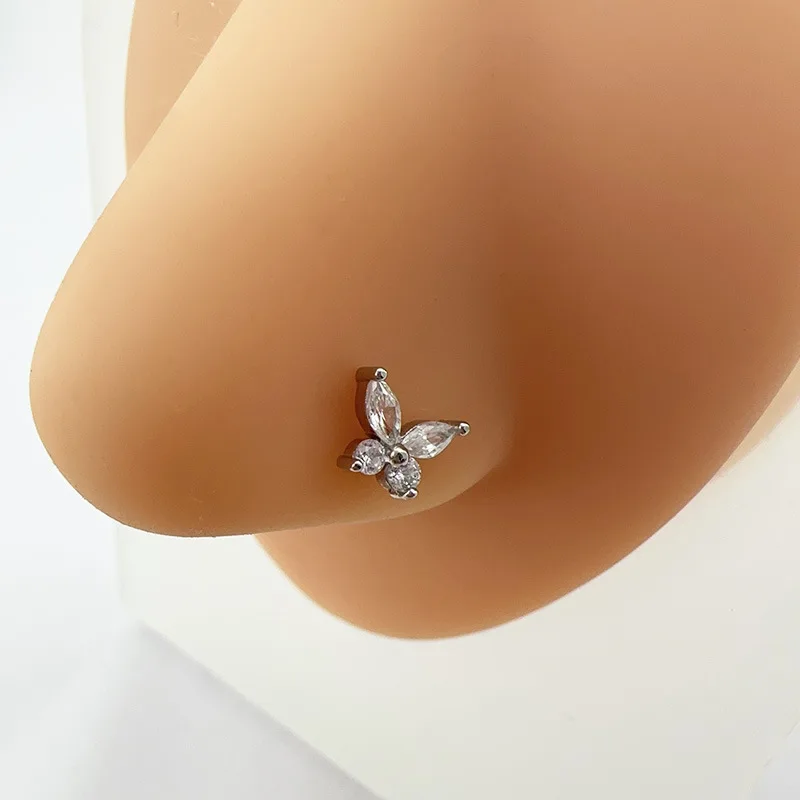 Фото Серьга-гвоздик для носа AB Diamond-set Butterfly из титановой стали, 0.8, 20G, оптом, для пирсинга, украшение для пирсинга носа №4