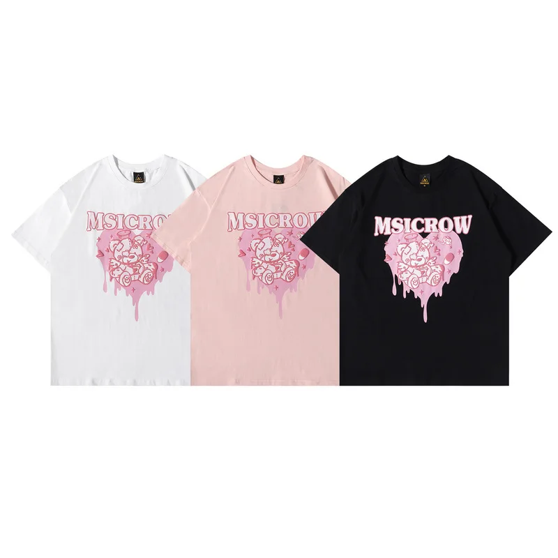 

2022 New Melting Love Bear Foam Printing Short-sleeved Cotton T-shirt Women's Fashion Round Neck Sweet T-shirt Couple Models