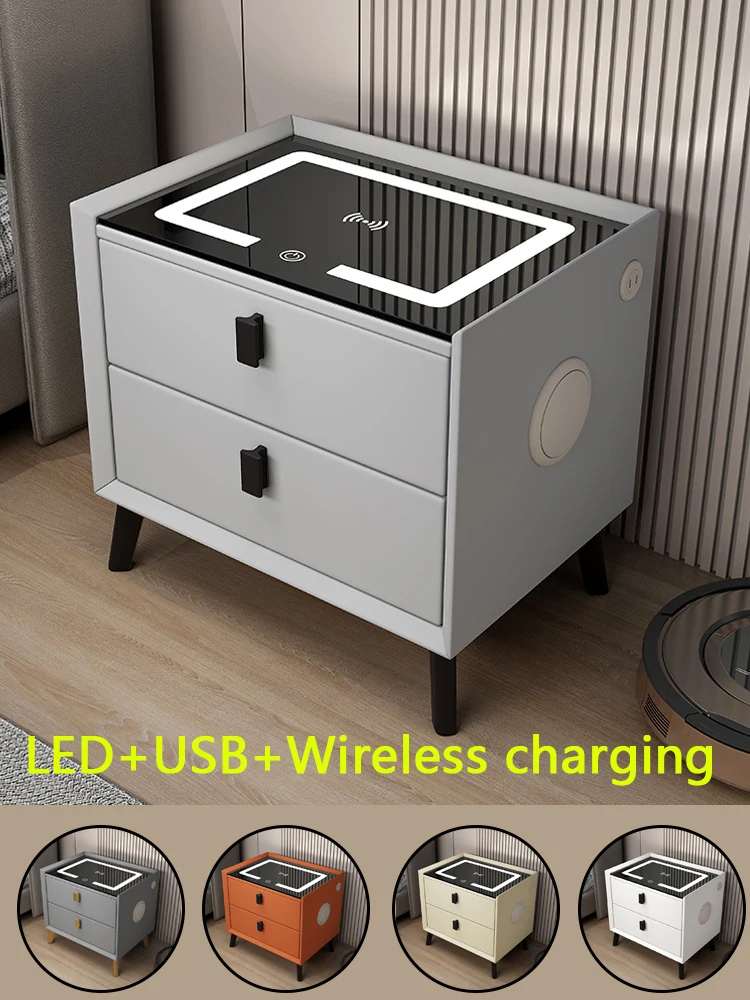 All Solid Wood Smart Bedside Table Simple USB LED Nightstand Modern Bedroom Mini Locker Furniture Bedroom Glass Cabinet