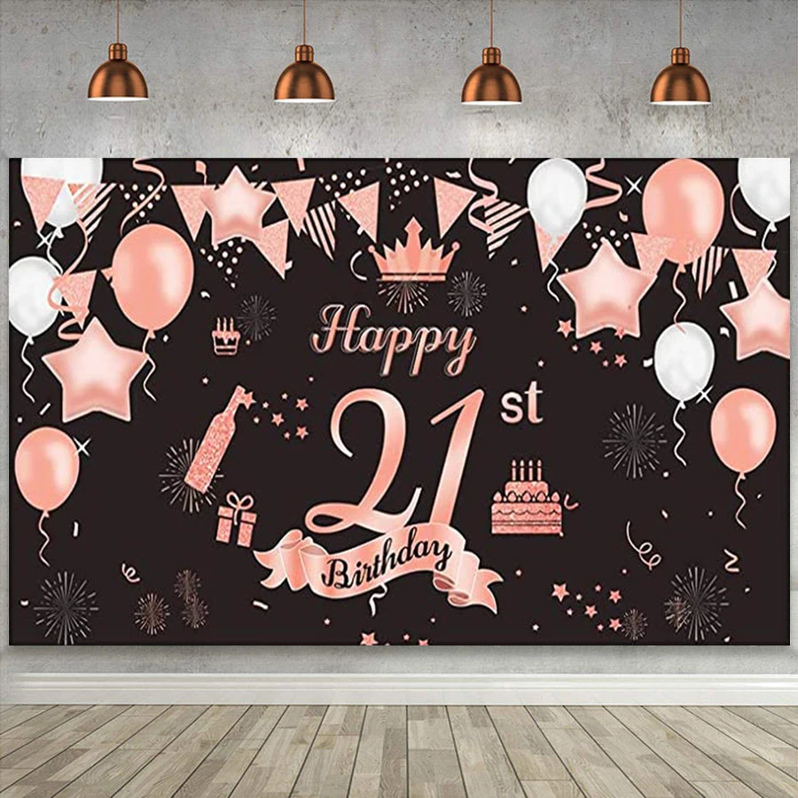 

Happy 21st Birthday Pink Rose Gold Crown Balloon Party Decoration Poster for Girls Women Bday Photo Backdrop Background Banner