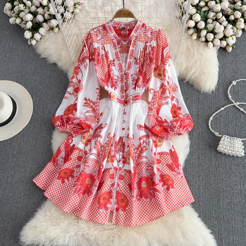 

2022 New Vintage Elegant Print Women Dresses Japanese Korean V Neck Single Breasted Dress Long Sleeve Party Night Vestidos