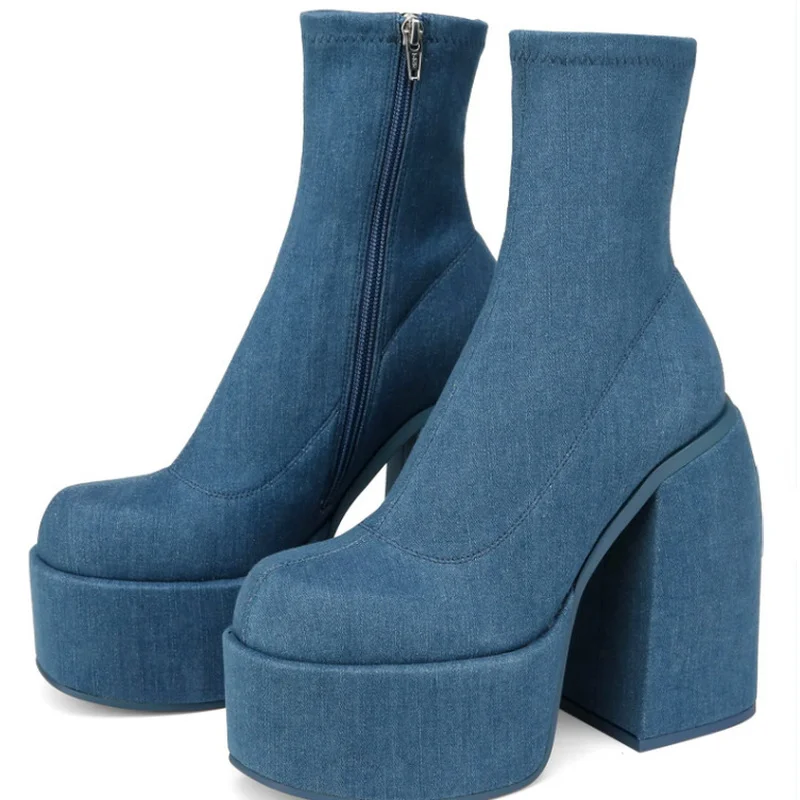 Luxury Jeans Platform Boots Women 2022 Autumn Winter New Waterproof Chunky High-heeled Boots Plus Size 42 Platform Shoes