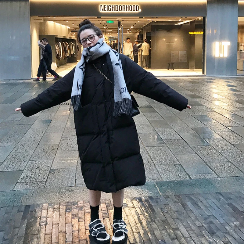Winter Coat Women New Long Down Jacket Korean Version Thick Loose Solid Color Stand Collar White Eiderdown Bread Overcoat