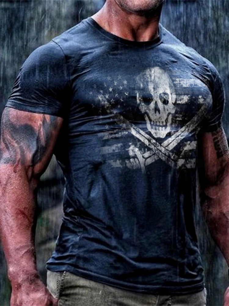 

Футболка мужская с коротким рукавом и круглым вырезом, Модный повседневный Свободный пуловер с принтом черепа, на лето