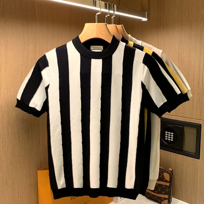 

2021 Summer Contrast Color Striped Men T-shirt Knitted Short Sleeves Top Men's O-neck Short Sleeve T Shirt Slim Knit Tees A100