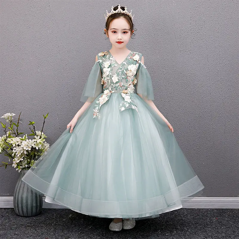 

2022 Kids Girls Elegant Party Wedding Formal Long Bridesmaid Dresses Children Clothing Evening V-neck Mesh Ball Gowns Dress L44
