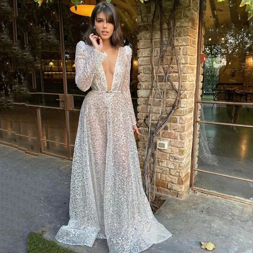 

Sexy Illusion Silver Deep V-Neck Long Sleeves Sequined Prom Dress Simple A-Line Open Back Evening Party Gowns Plus Size