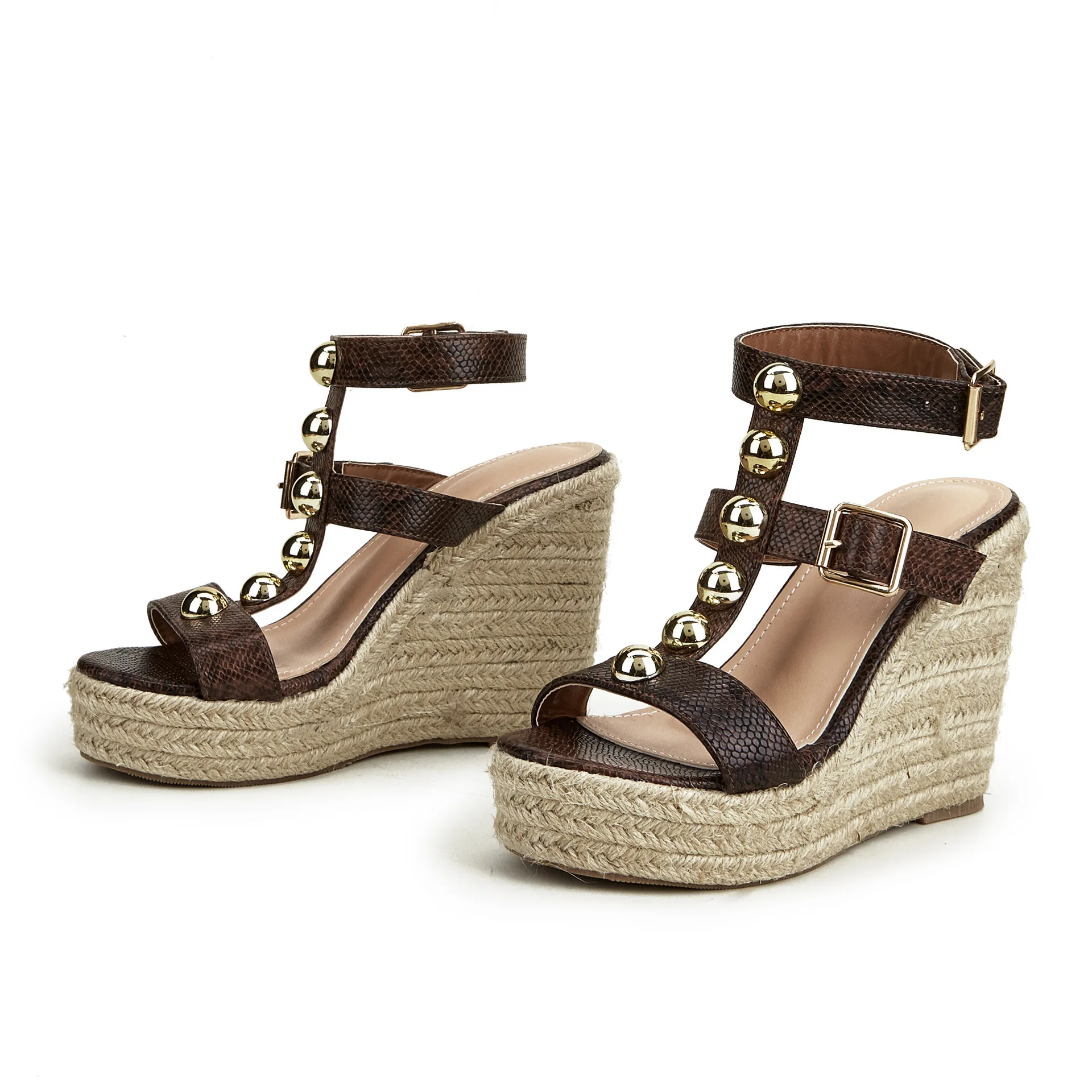 

Rivet Snakeskin Print Platform Wedge Sandals Women High Heels Chain hand Woven Hemp Rope Sandals Ladies Ankle Buckle Casual Shoe