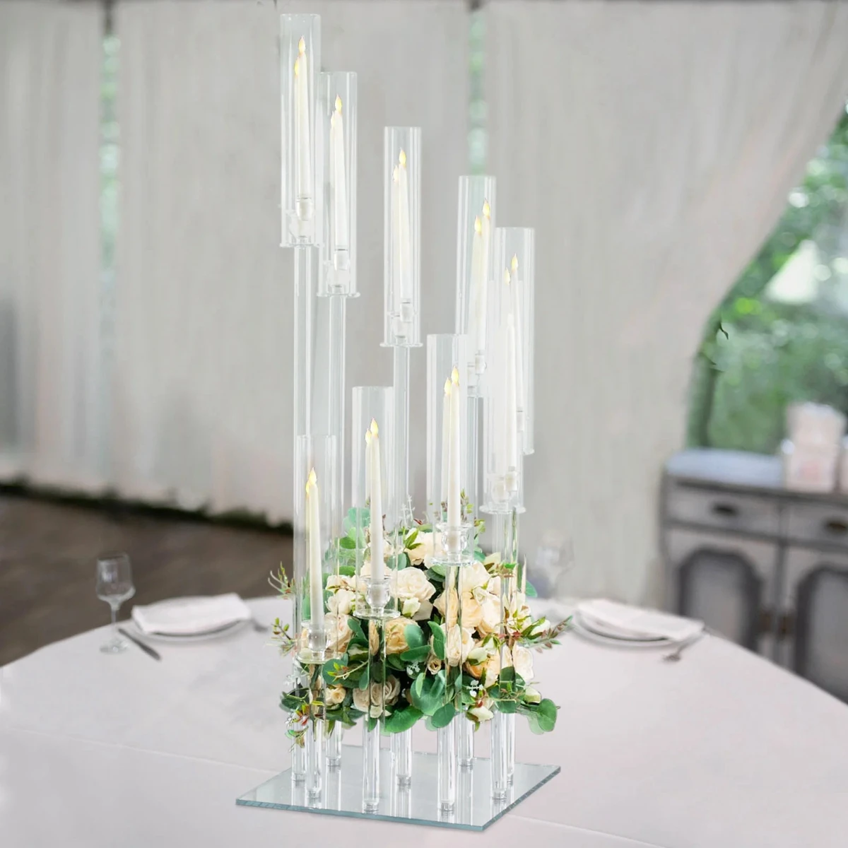 Crystal 9-Arm Cluster acrylic Candelabra Floral Pedestal Stand, Square only for led candle Hurricane Taper Candle Holder Stand