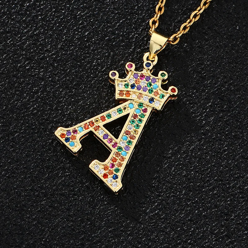

New Design 26 English Letters Crown Pendant Necklace Female Copper Inlaid Color Zircon Plated Real Gold Jewelry Chain