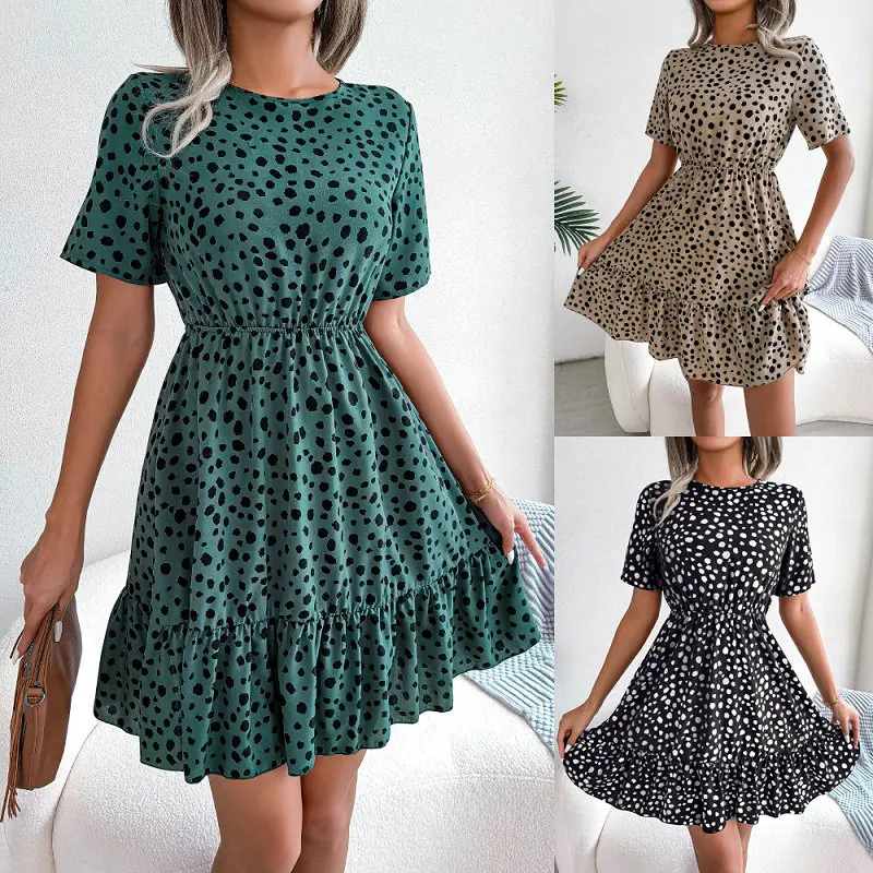 

New Women Summer Round Neck Elastic Waist Short Sleeve Dot Print Stitching Cute Elegant High Quality Comfortable A-Line Dresses