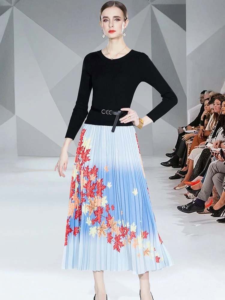 

Knitted sweater Dress for women Long Sleeve Patchwork Flower Print Pleated 2023 Autumn Winter Vintage Belted Long Vestidos
