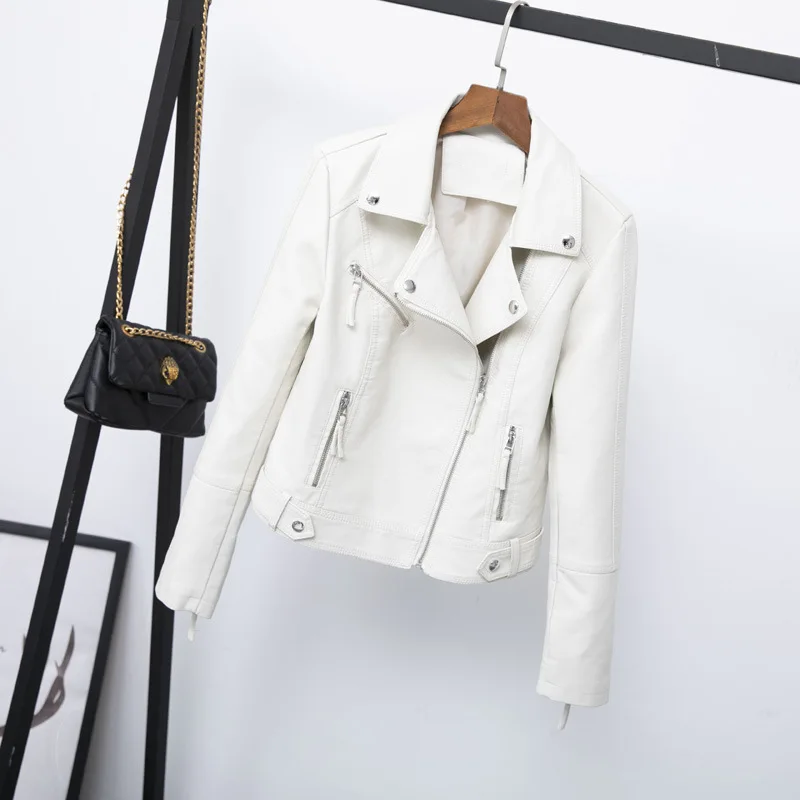 Leather women's short lapel coat 2023 spring and autumn clothes new slim motorcycle leather jacket