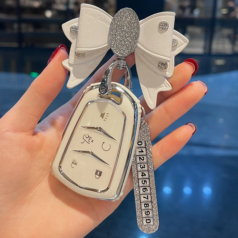 

Leather Bow No. Car Key Case Cover For Cadillac ATS CT6 CTS DTS XT5 Escalade ESV SRX STS XTS 28T XT5 28E XT4 XT6 ATS-L CT5 CT4