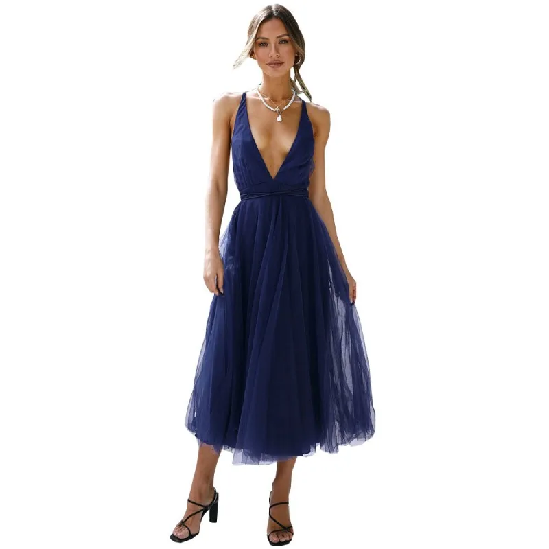 

Spaghetti Strap Dress Women Deep V Neck Lace Up Backless Mesh Splice Gown 2022 Fashion New High Waist Sexy Robes Dress Vestidos