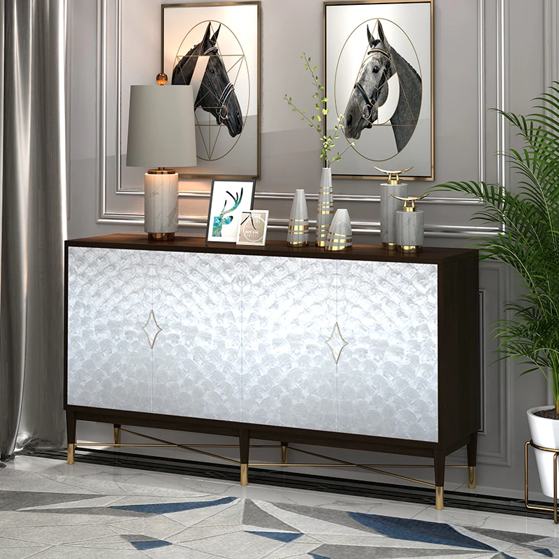 

American light luxury dining side cabinet postmodern shell porch cabinet stainless steel tea and water cabinet dining table