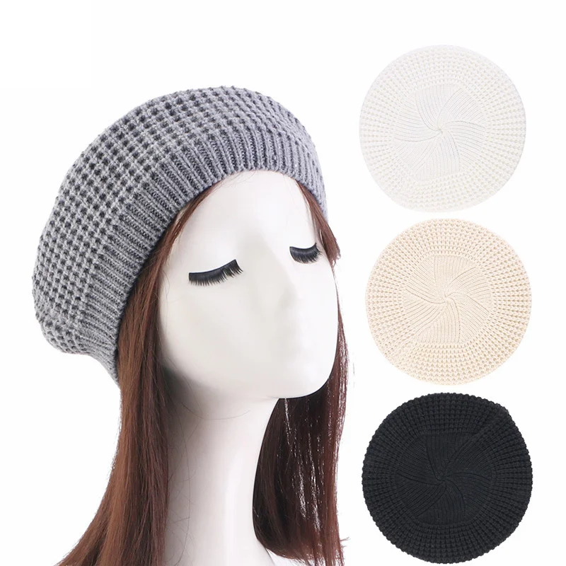 

New Soft Winter Handmade Wool Knitting Berets Ladies Solid Flat Cap Female French Artist Beanie Beret Hats Stars Painter Hat