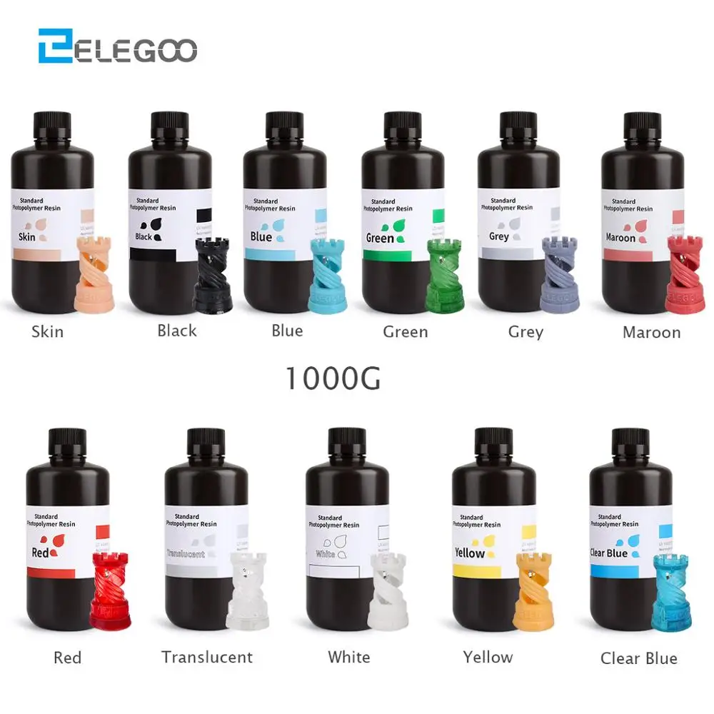  Смола ELEGOO для 3D-принтера, ЖК-дисплей, УФ-отверждаемая Смола 1000 нм, стандартная Фотополимерная смола для 3d-печати с ЖК-дисплеем, г, черная, серая, белая кожа