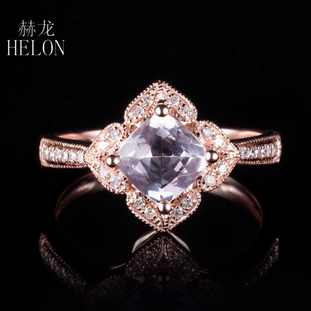 

HELON Solid 14K 10K Rose Gold Cushion 6.5mm Genuine Morganite Diamonds Engagement Ring Women Birthday Anniversarry Best Gift