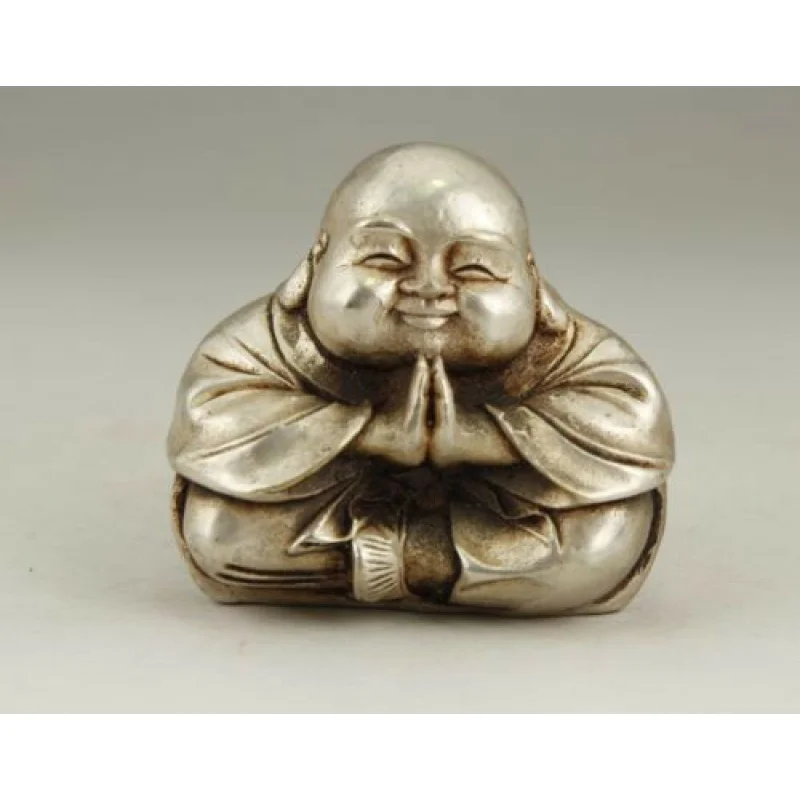 

CHINESE OLD TIBET SILVER/WHITE COPPER HANDWORK CARVING MONK BUDDHA STATUE