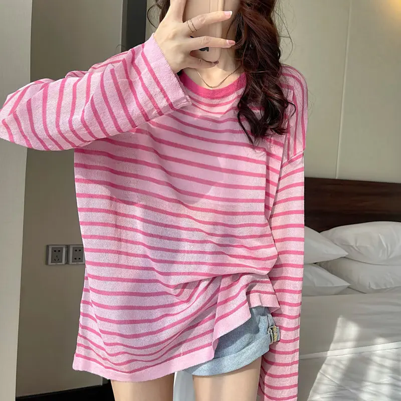 

Sweet Sunscreen Blouse Women Summer Thin Korean Striped Long Sleeve Casual Basics Loose Pullover O-neck Tops