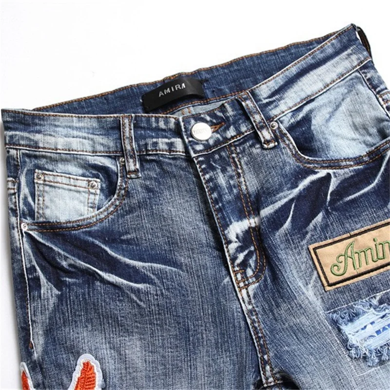 EH·MD® Ripped Scraped Jeans Embroidered American Flag Micro Seal Soft Light Blue Cat Whisker High Street Fashion High Stretch