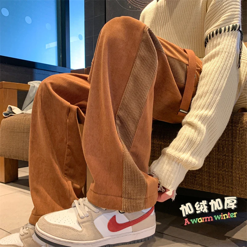 

Oversize Patchwork Men's Fleece Pants 2023 Winter New Thicken Drawstring Male Casual Warm Wide Leg Trousers