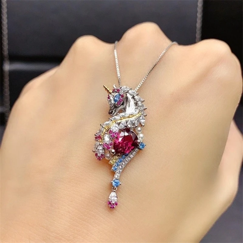 Natural Garnet Pendant S925 Sterling Silver Necklace Delicate Seahorse
Necklace Water Drop Fuchsia Gemstone Jewelry