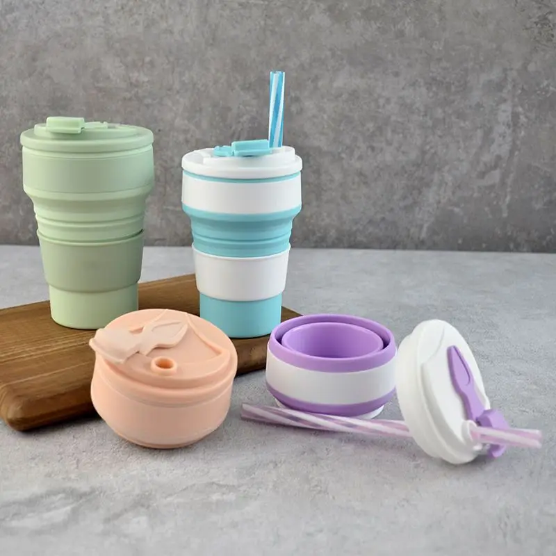 

350ml silicone folding Outdoor travel mouthwash portable straw Food grade material water bottle vaso con tapa y pajita