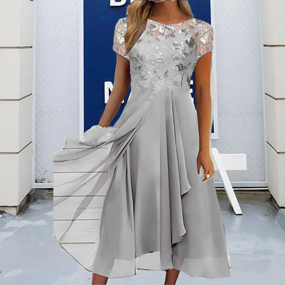 

Bridesmaid Dress Short Sleeve Women Dress Lady Embroidery Lace Floral Pattern Flowy Hem A-Line Midi Dress