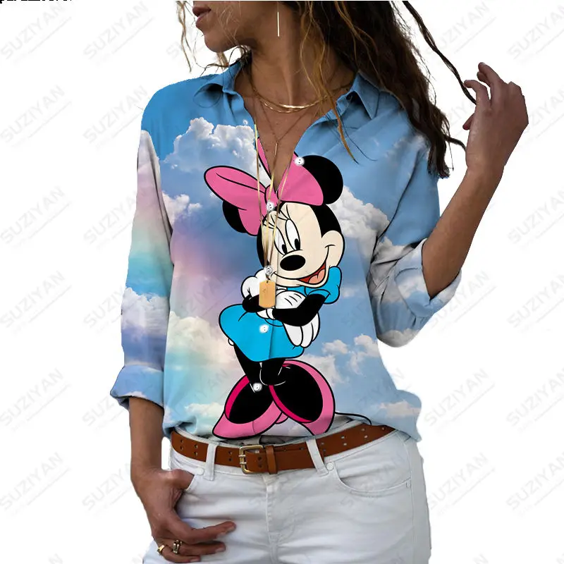 

New Print Casual Street Dress Shirt Top Autumn Elegant Print Shirt Long Sleeve V-Neck Women's Disney Mickey Casual Work Wear