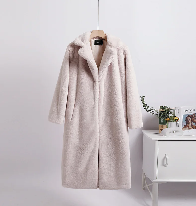 Winter Women Furry Warm Faux Rabbit Fur Coat Luxury Long Fur Coat Loose Lapel OverCoat Thick Warm Plus Size Female Plush Coats