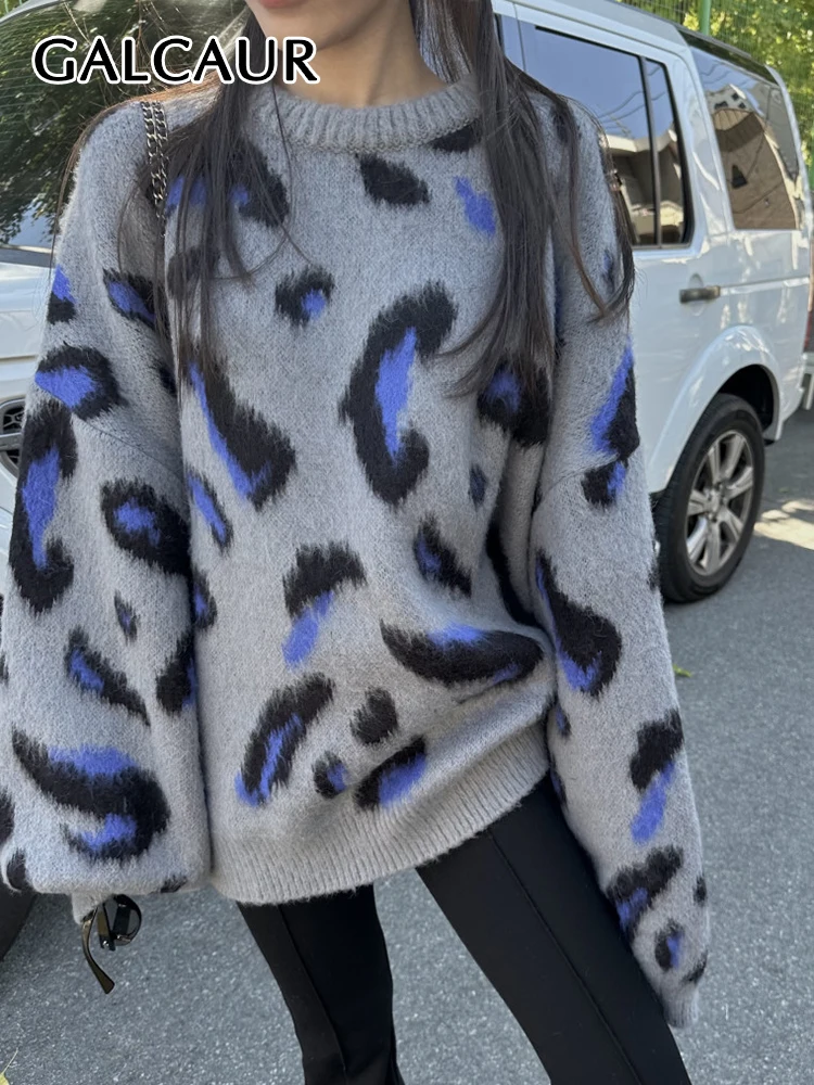 

GALCAUR Colorblock Leopard Knitting Sweater Female Round Neck Long Sleeve Fashion Vintage Loose Sweaters For Women Clothing 2022