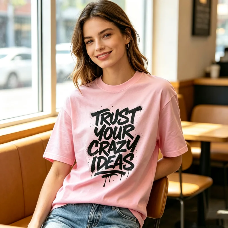 Фото Футболка унисекс из чистого хлопка с принтом-цитатой «Trust Your Crazy Ideas» и надписью, написанной спреем, свободного кроя, молодежная, для активного отдыха, в стиле хип-хоп, повседневная. №3