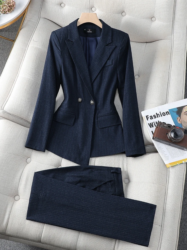 

Женский офисный брючный костюм в полоску, синий и черный деловой костюм из 2 предметов, пиджак и брюки